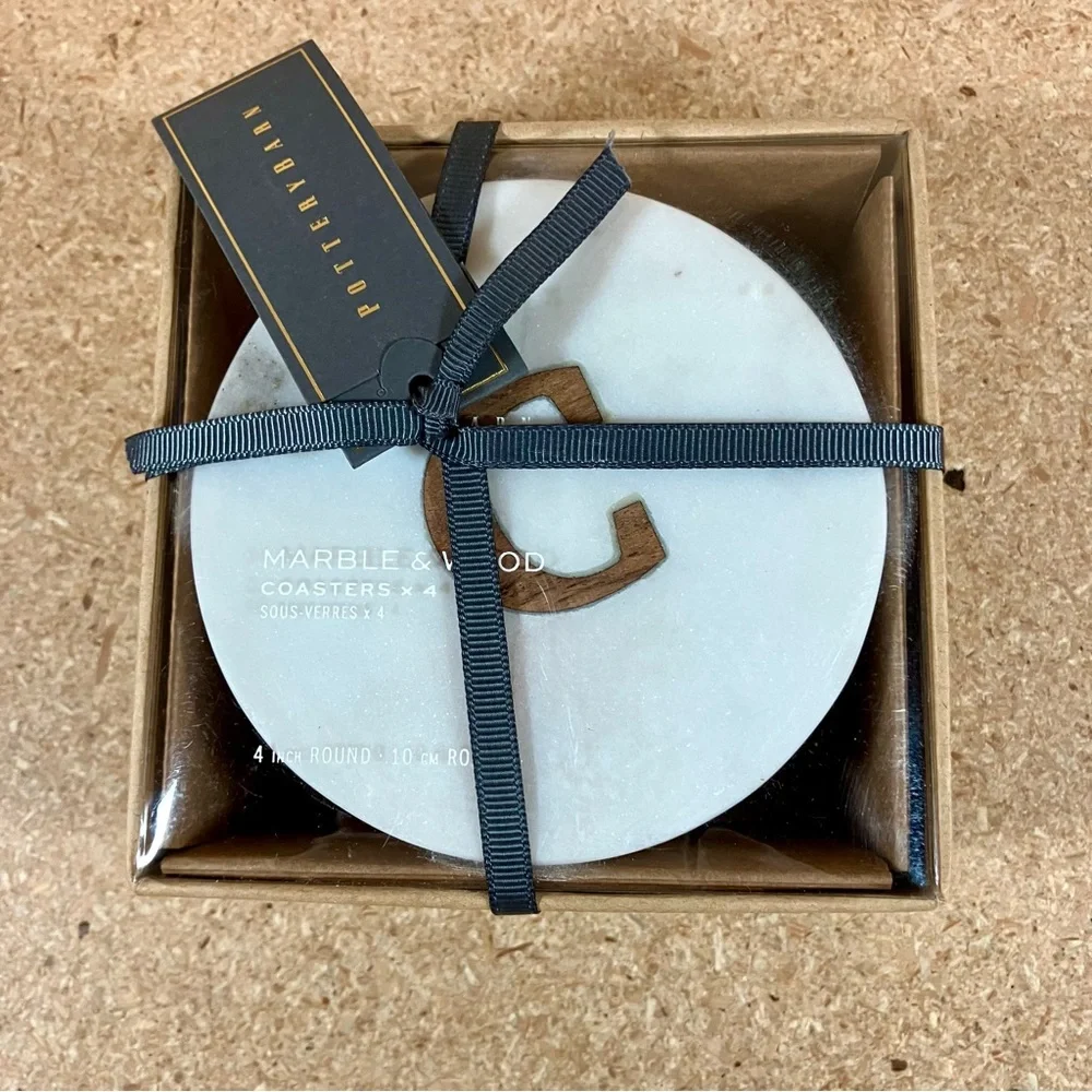 Pottery Barn Marble & Wood Coasters Set Of 4 With “C” Monogram NEW